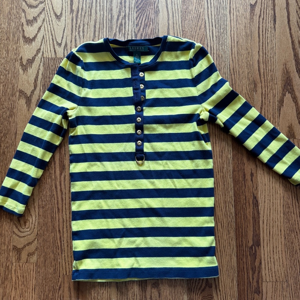 Ralph Lauren Yellow and Navy Striped 3/4 Sleeve Henley